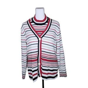 Vintage 1970s Tank Long Sleeve Sweater Set Striped Womens Size L White Red Ribbe